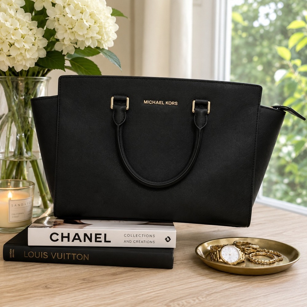 Michael Kors Black Saffiano Leather Tote Satchel Shoulder Bag Gold Hardware
